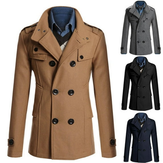 SPRING PARK Men's Winter Long Sleeve Thick Lapel Collar Double-breasted Pockets Woolen Slim Trench Coat