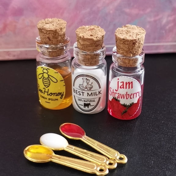 SPRING PARK Mini Milk Bee Honey Strawberry Jam Bottle Miniature Bottles for Dollhouse Decoration