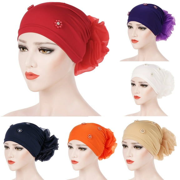 SPRING PARK Muslim Soild Color Women's Faux Pearl Flower Hat Hijab Hair Loss Head Scarf Casual Turban Cap Wrap
