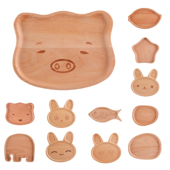 SPRING PARK Natural Wooden Kids Plate Baby Feeding Animal Wood Plates