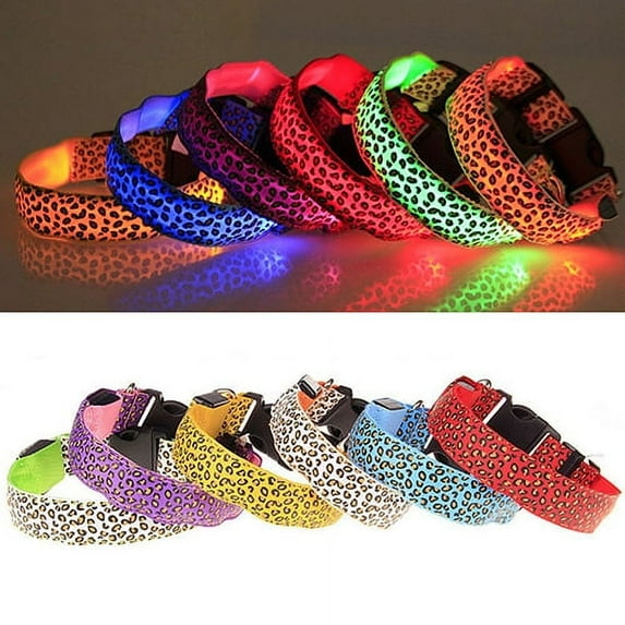 SPRING PARK Nylon LED Luminous Pet Dog Collar Leopard Glowing Flash Puppy Collar for Night Safety Light-up Adjustable Necklace for Small Medium Large Dogs