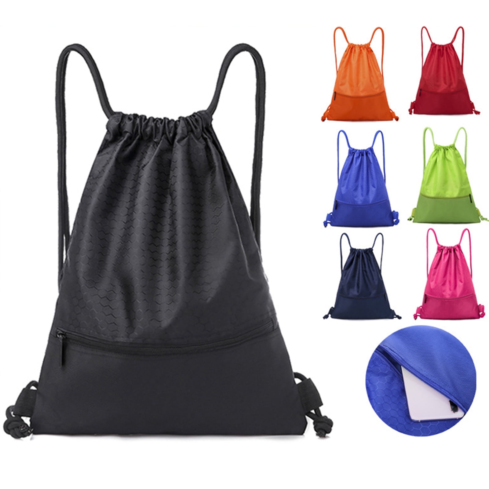 SPRING PARK Nylon Waterproof Zipper Drawstring Backpack Bag Large Gym  Sports String Bags with Inside Pouch Waterproof Bag for Outdoor Sport  Fitness