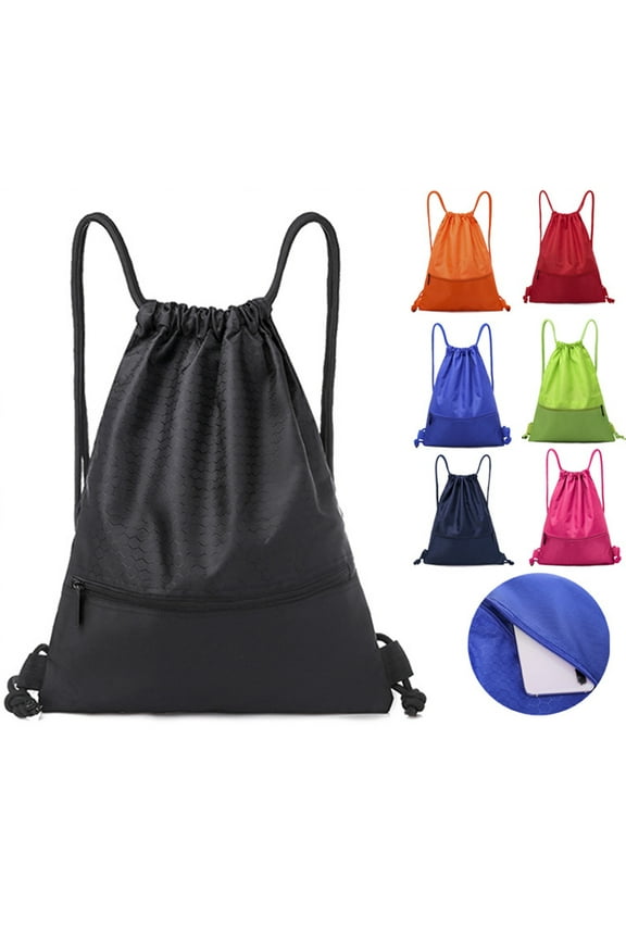 Nylon Waterproof Zipper Drawstring Backpack Bag Large Gym Sports String Bags with Inside Pouch Waterproof Bag for Outdoor Sport Fitness