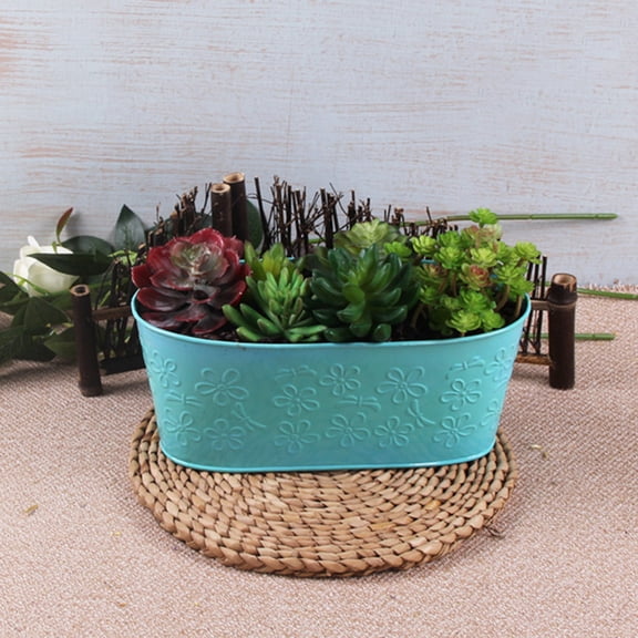 SPRING PARK Oval Blue Iron Flower Pot Storage Basket Container