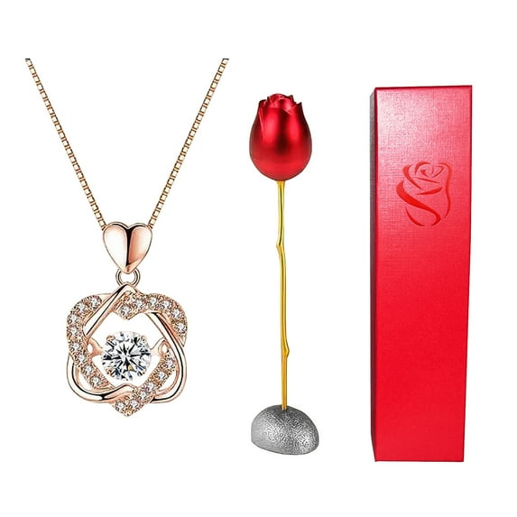 SPRING PARK Pendant Necklace, Heart Shape Rhinestone Pendant Necklace with Storage Box Rose Valentine Gift Set