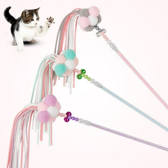 SPRING PARK Pet Cats Kitten Play Bite Toy Pompom Plush Ball Bell Tassel Teaser Wand Stick