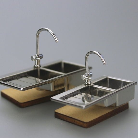 SPRING PARK Realistic Wash Basin Kitchen Double Sink Figurine Miniature Doll House Accessory