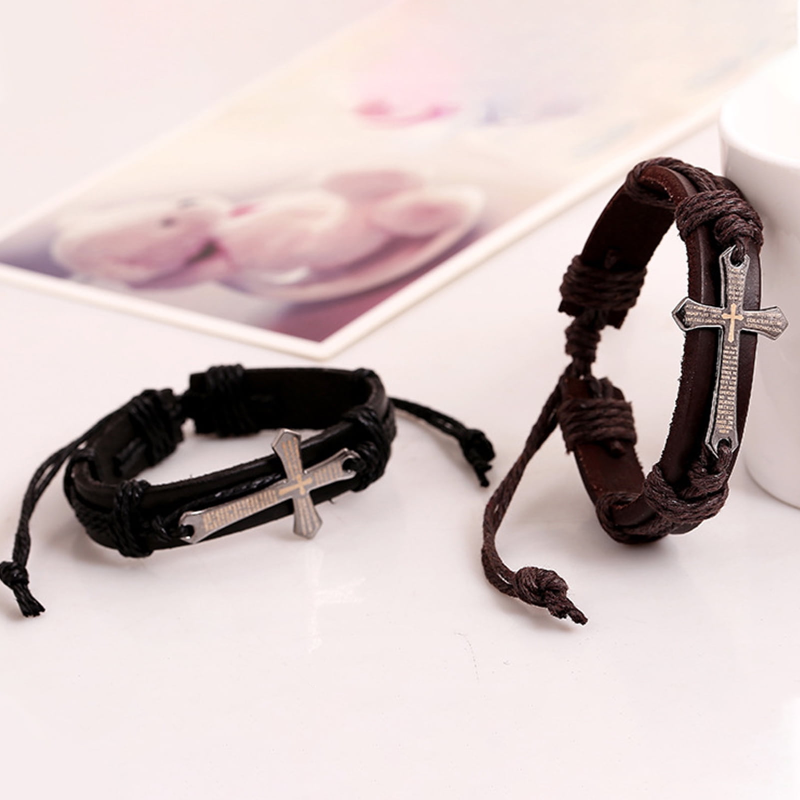 SPRING PARK Retro Faux Leather Cross Bracelet Women Bible Scriptures ...