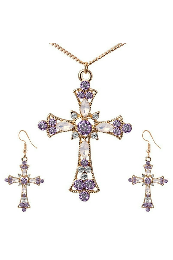 Rhinestone Upside Down Cross Rhinestone Inlaid Pendant Necklace Women's Earrings Jewelry Set