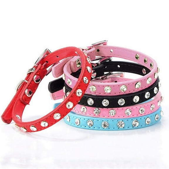 SPRING PARK Rhinestones Pet Dog Collars Adjustable Sparkly Crystal Studded Faux Leather Pet Collar for Small and Medium Dog