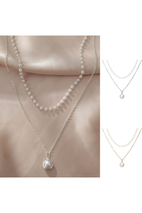 Simple Alloy Elegant Double Layer Chain Imitation Alloy Pendant Necklace for Women