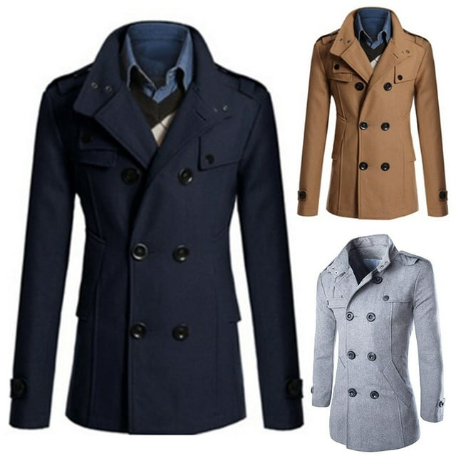 SPRING PARK Stylish Men Winter Casual Stand Collar Classic Long Sleeve Double-breasted Woolen Trench Coat