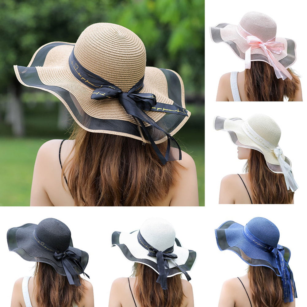 SPRING PARK Summer Women Sun Hat Color Block Bow Wave Adjustable Beach Sun  Hat Dome Hat Headwear