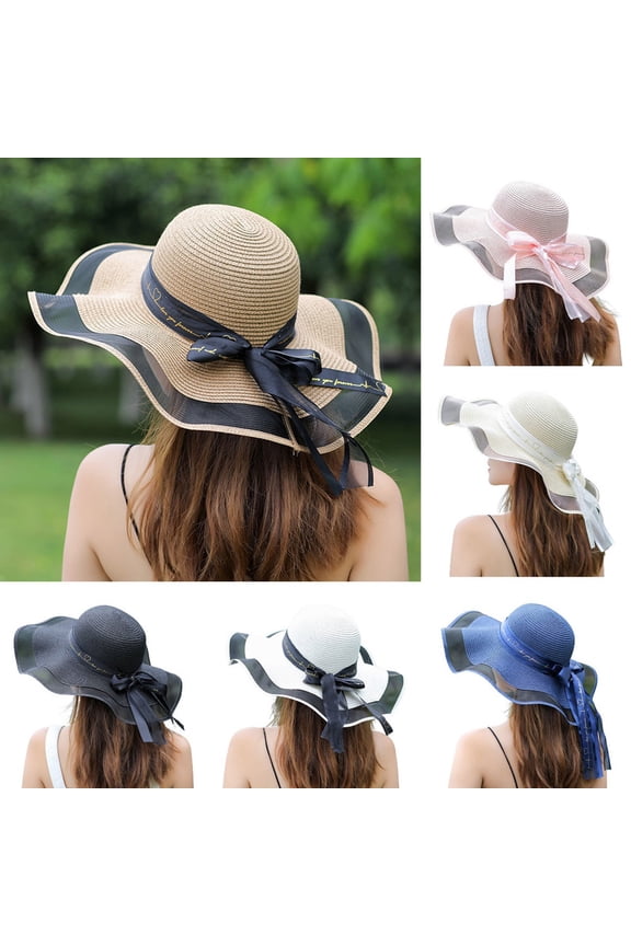 Summer Women Sun Hat Color Block Bow Wave Adjustable Beach Sun Hat Dome Hat Headwear