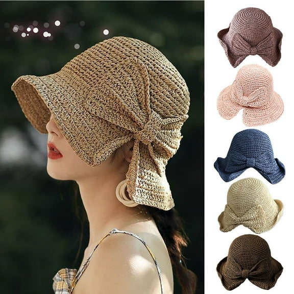 SPRING PARK Sun Hat Solid Color Adjustable Hat UV Protection Wide Brim Straw Hat Bow Hat for Women Girls