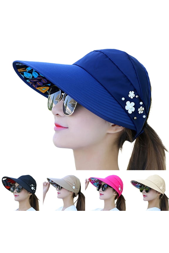 Sun Hats for Women Leaf Print Flower Decoration Sun Hat Wide Brim UV Protection Beach Sun Cap for Running