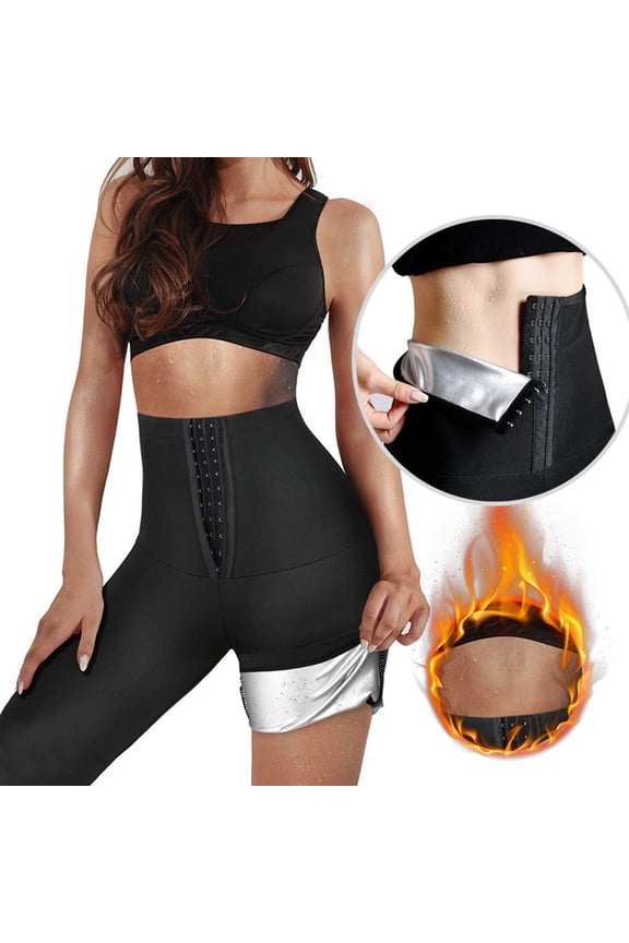 Sweat Shapewear High Waisted Shorts Full Inner Vinyl Above Knee Pants Mid Thigh Workout Suit Waist Trainer Weight Loss Lower Body Shaper Sweatsuit Exercise Fitness Gym Women Men