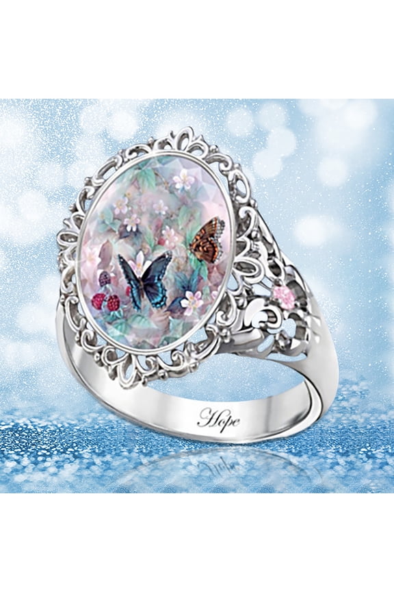 Vintage Oval Cut Enamel Flower Butterfly Ring Wedding Promise Ring Engagement