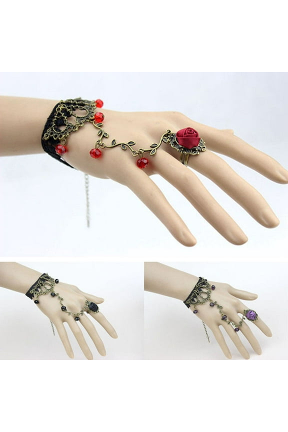 Vintage Women Black Lace Flower Hand Harness Cuff Bracelet Chain Ring Gift
