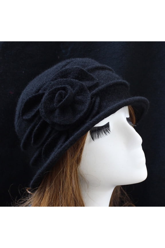 Vintage Women Elegant Solid Color Wool Church Cloche Flower Flapper Hat Lady Bucket Winter Flower Cap