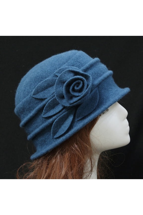 Vintage Women Elegant Solid Color Wool Church Cloche Flower Flapper Hat Lady Bucket Winter Flower Cap