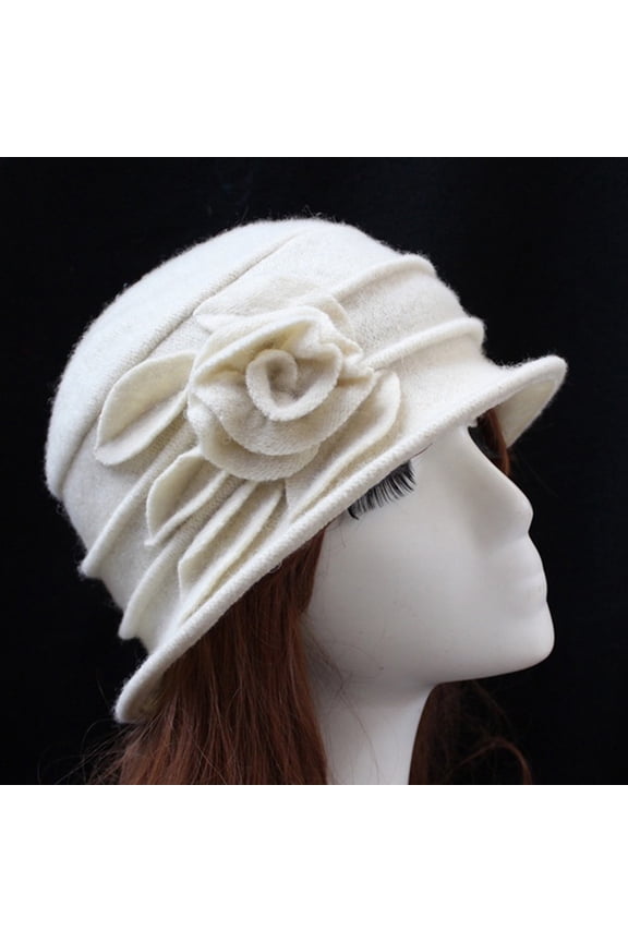 Vintage Women Elegant Solid Color Wool Church Cloche Flower Flapper Hat Lady Bucket Winter Flower Cap