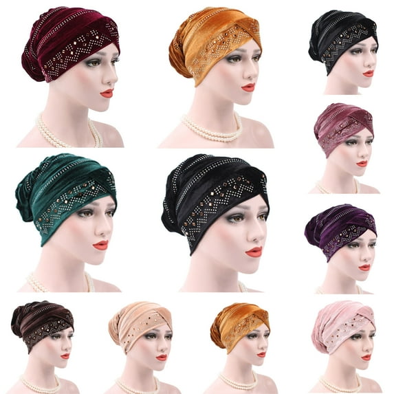 SPRING PARK Winter Elegant Solid Color Casual Rhinestones Warm Women Velvet Beanie Chemo Cancer Cap Turban Hat