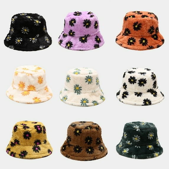 SPRING PARK Winter Women Fashion Plush Thicken Warm Marguerite Printed Adult Outdoor Hairy Sunscreen Fishman Bucket Basin Hat