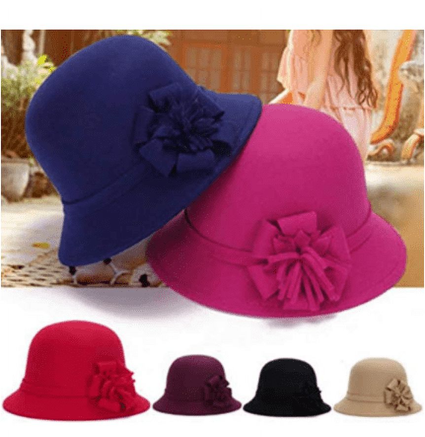 SPRING PARK Winter Women's Retro hat with flower Artificial Wool Felt Cloche Bucket Hat - image 1 of 3
