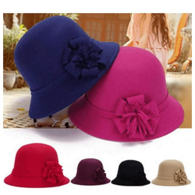SPRING PARK Winter Women's Retro hat with flower Artificial Wool Felt Cloche Bucket Hat