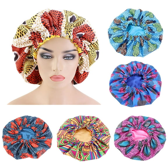 SPRING PARK Women African Floral Print Elastic Satin Night Adjustable Sleep Bonnet Hat Hair Care Cap Head Wrap