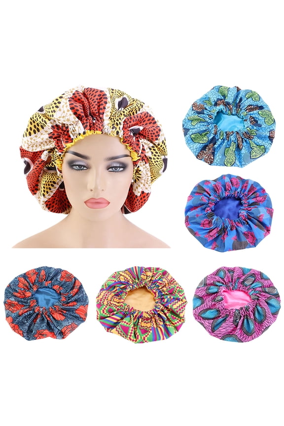 Women African Floral Print Elastic Satin Night Adjustable Sleep Bonnet Hat Hair Care Cap Head Wrap
