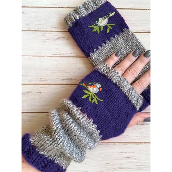SPRING PARK Women Autumn Winter Bird Embroidered Thick Adjustable Gloves Knit Fingerless Color Block Mitten