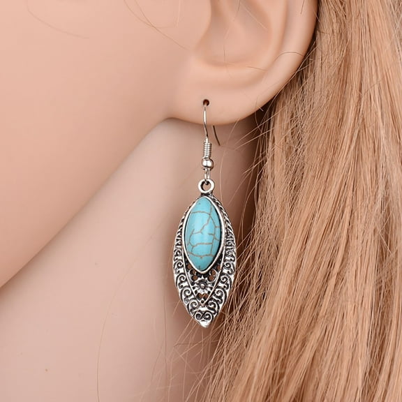 SPRING PARK Women Bohemian Oval Shape Artificial Turquoise Gemstone Fish Hook Dangle Drop Earrings