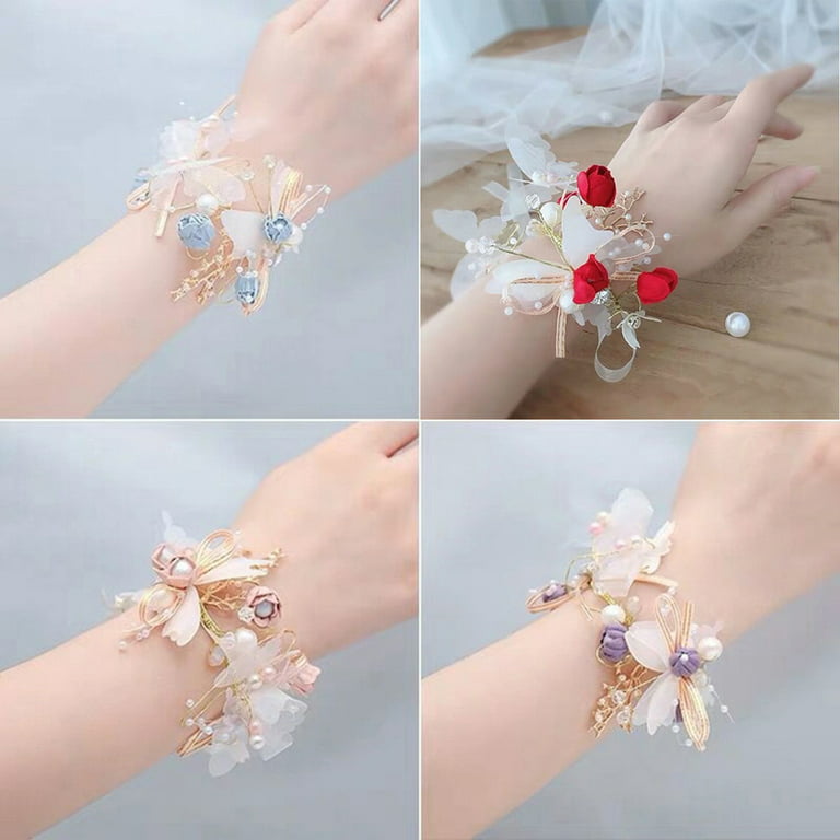 MTLEE 2 Pieces Rhinestone Wrist Corsage Wristlet Bracelet Silk Wrist Flower  with Peal and Diamond for Wedding Bridesmaid Bridal Shower Prom