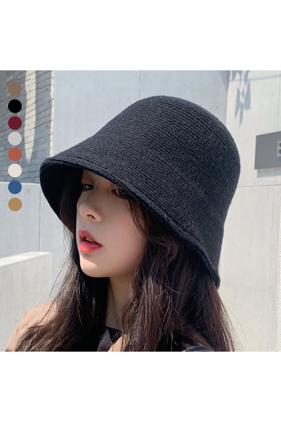 Women Elegant Solid Color Thick Wool Bucket Hat Warm Drawstring Fisherman Vintage Knitted Basin Cap