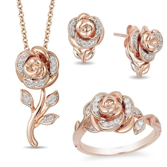 SPRING PARK Women Fashion Jewelry Rose Flower Set Necklace Rhinestone Pendant Choker Necklace Ring Earrings Jewelry