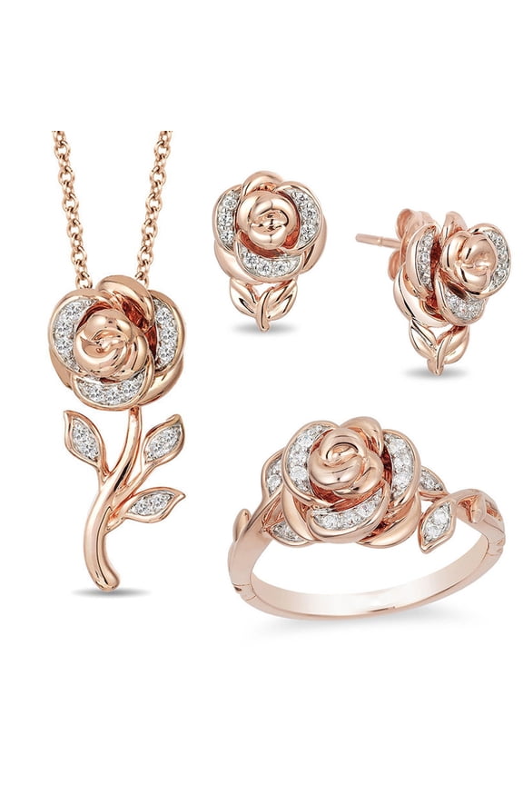 Women Fashion Jewelry Rose Flower Set Necklace Rhinestone Pendant Choker Necklace Ring Earrings Jewelry