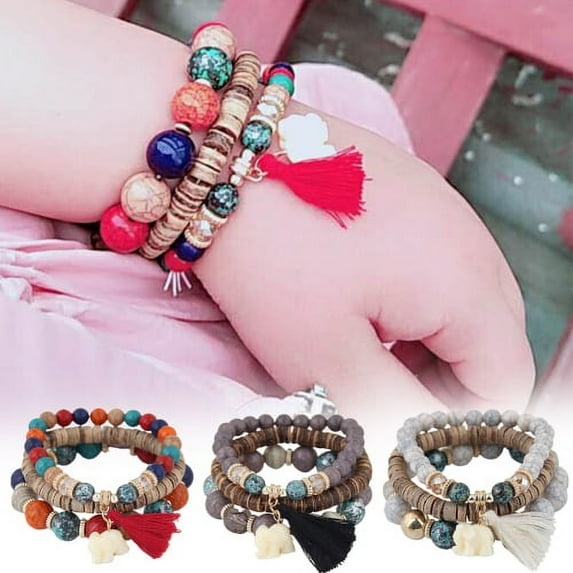 SPRING PARK Women Fashion Multilayer Resin Bracelets Boho Small Elephant Charm Tassel Bracelets Set Jewelry