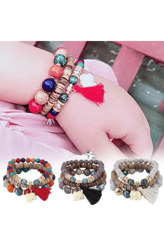Women Fashion Multilayer Resin Bracelets Boho Small Elephant Charm Tassel Bracelets Set Jewelry