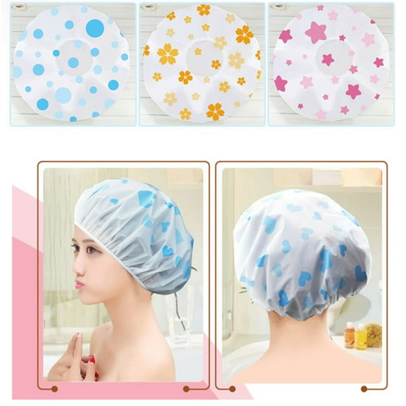 SPRING PARK Women Flower Print Waterproof Elastic Shower Cap Hat Reusable Bath Head Hair Cover Shower Cap