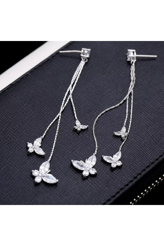 Women Flower Rose Crystal Butterfly Long Tassel Fairy Earrings Stud Dangle Women Gift