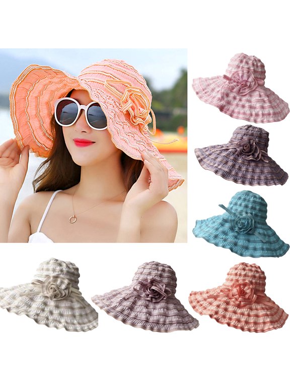 Women Folable Floppy Hat Flower Wide Brim Sun Hat Summer UV Beach Cap
