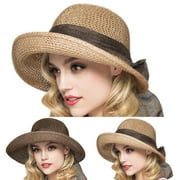 SPRING PARK Women Foldable Summer Beach Wide Brim Straw Hat Bowknot UV Protection Sun Cap