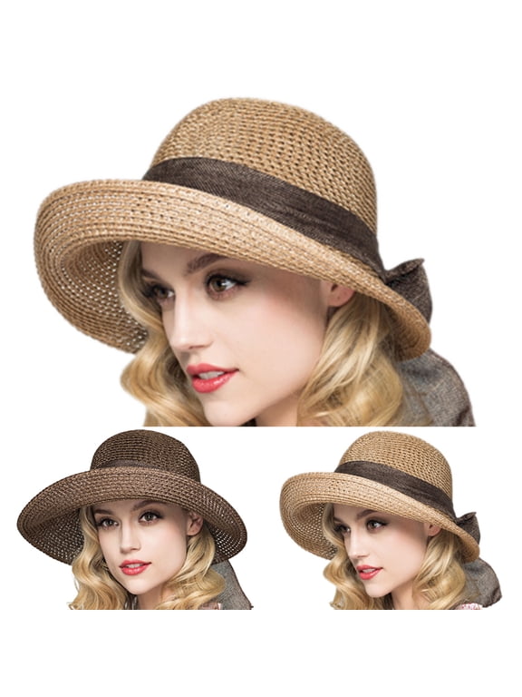 Women Foldable Summer Beach Wide Brim Straw Hat Bowknot UV Protection Sun Cap
