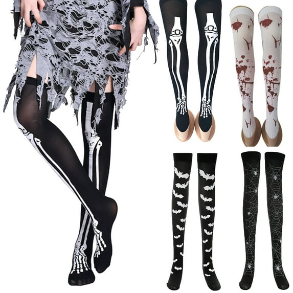 SPRING PARK Women Halloween Party Bloody Skeleton Cobweb Bat Stockings Thigh High Warm Boot Cover Socks