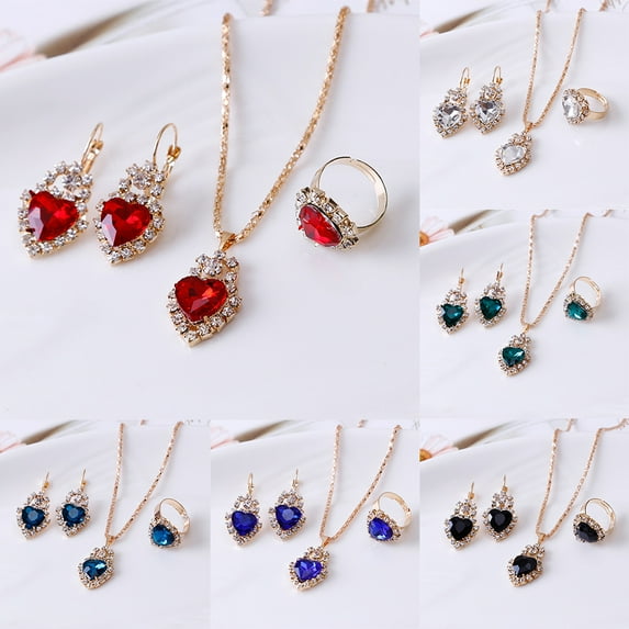 SPRING PARK Women Jewelry Set Fashion Heart Shape Rhinestone Pendant Bracelet Earrings Necklace Ring