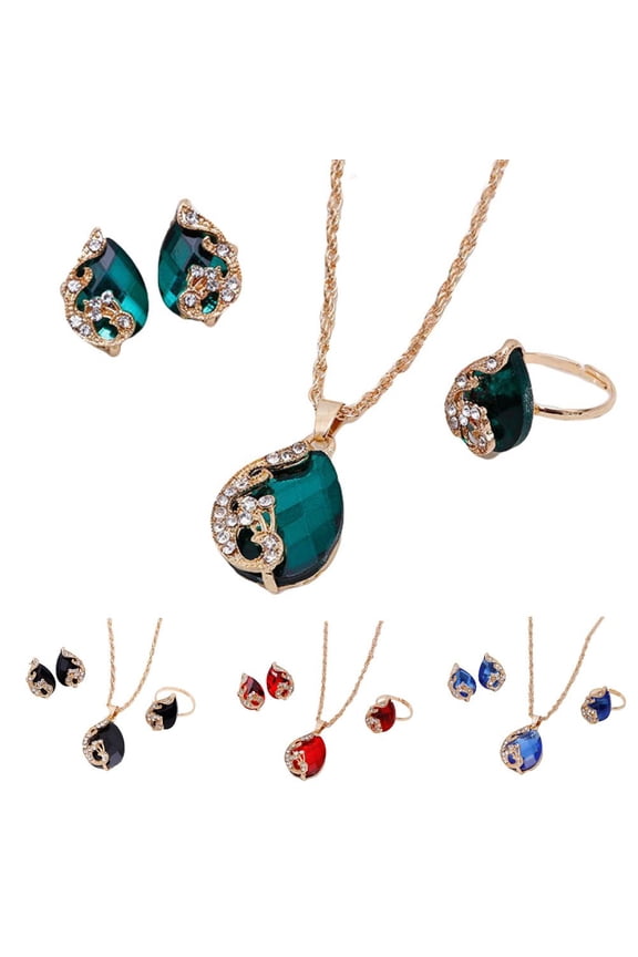 Women Jewelry Set Shiny Peacock Rhinestone Necklace Earrings Ring Gift Water Drop Shaped Set