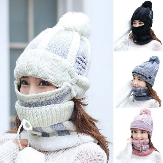 SPRING PARK Women Lady Thick Beanie Hat Bobble Scarf Face Cover Set Knitted Winter Warm Snow Ski Cap