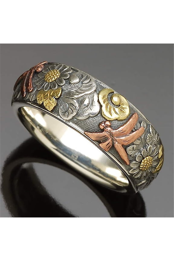 Women Men Elegant Sunflower Design Dragonfly Finger Ring Band Jewelry Gift